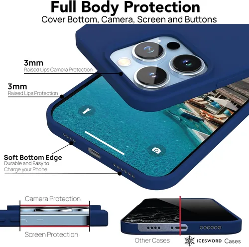 Miniatura 8 de IceSword Funda compatible con iPhone 15 Pro Max, color azul, funda de silicona líquida, delgada, protección de cuerpo completo, suave antiarañazos