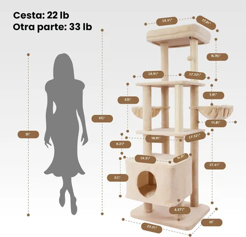 Miniatura 3 de Gardner Pet Torre de árbol de gato resistente de 65 pulgadas para gatos grandes, muebles para gatos de varios niveles con poste rascador de sisal