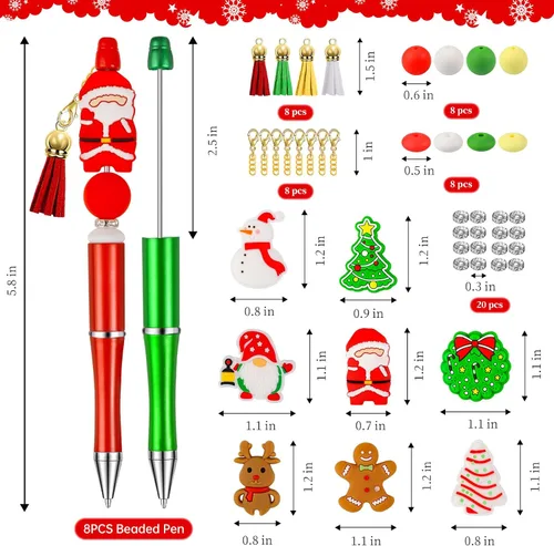 Miniatura 2 de CZWZ 8 piezas de bolígrafos de cuentas navideños, bolígrafos de plástico con cuentas y cuentas de silicona multicolor, bolígrafos navideños