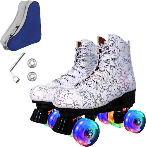 Miniatura 8 de Patines de ruedas para hombres y mujeres, patines Derby negros con 4 ruedas brillantes, patines clásicos de doble fila para interiores y exteriores