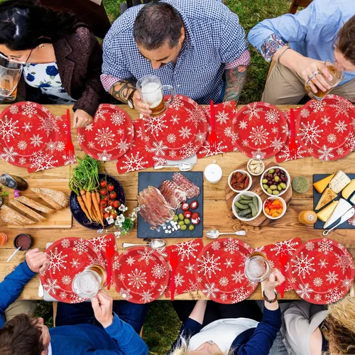 Miniatura 7 de Juego de vajilla de 100 piezas de Feliz Navidad, suministros de fiesta temática de Navidad, sirve para 25 invitados, platos de papel de copos