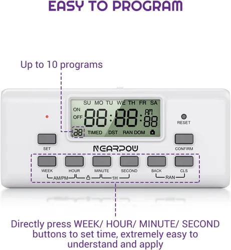 Miniatura 6 de NEARPOW - Temporizador digital para lámpara con dos tomas, temporizador programable en la puerta, temporizador de salida para luces, 10 programas