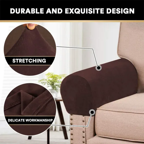 Miniatura 3 de PrinceDeco 4 Pack Thick Velvet Stretch Armrest Covers for Chairs and Sofas - Non Slip, Brown