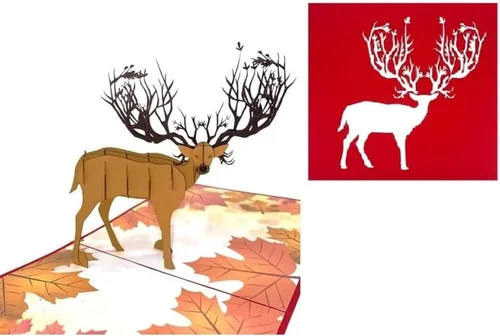 ETA Tarjeta de felicitación 3D de ciervos en el bosque otoñal, tarjeta temática de otoño hecha a mano con diseño intrincado de asta de árbol, para