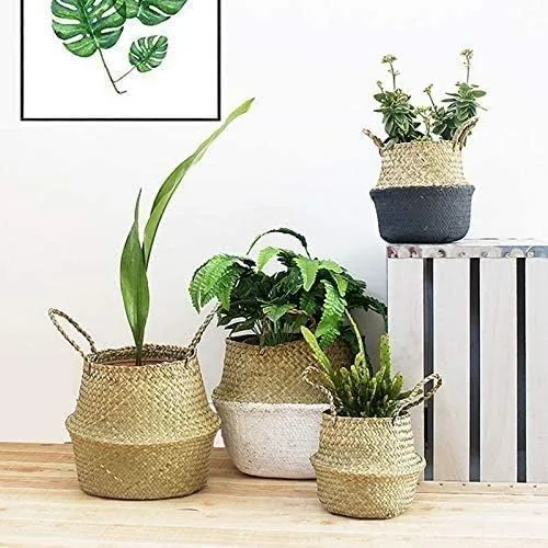 Miniatura 4 de INSO Cesta tejida natural para el vientre, para pícnic y comestibles. Cesta plegable de almacenamiento de algas marinas con asas para plantas