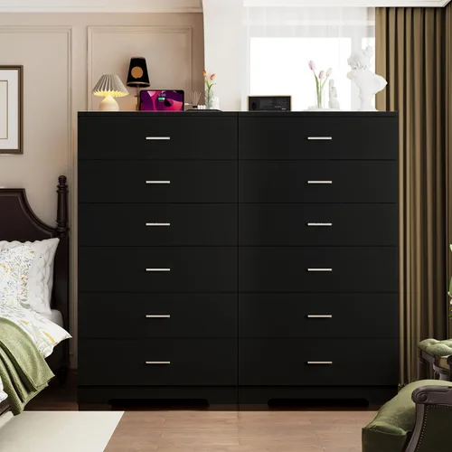 Miniatura 8 de Cómoda de 48" de alto para dormitorio, cómoda de madera con 6 cajones con tomas de corriente, cómoda con gran espacio de almacenamiento y asas