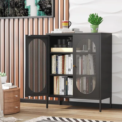 Armario de almacenamiento de metal con 2 puertas de malla para sala de estar, hogar, hotel, oficina, garaje, cocina, 3 niveles, 2 estantes Negro