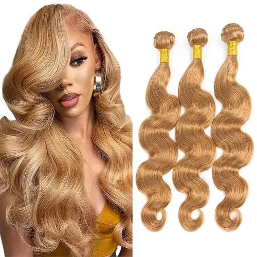 #27 - Paquetes de cabello humano rubio miel ondulado, paquete de 3 paquetes de cabello humano virgen brasileño 08, 10, 12 pulgadas, color 27,