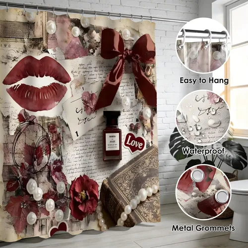 Miniatura 3 de DDQQ Juego de 4 cortinas de ducha sexy para mujer, con lazo de perlas, juego de decoración de baño de flores rojas a la moda, juego de cortinas