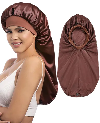 Miniatura 13 de AWAYTR Gorro largo de satén para mujer, gorro de seda de 2 capas para trenzas, gorro de dormir elástico con gorro de noche de banda ancha (negro)