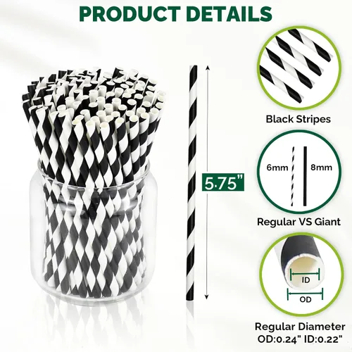 Miniatura 2 de 500 unidades Chunspak 14,6 cm pajitas de papel desechables cortas ecológicas a granel para cóctel, bebidas mixtas - Rayas negras y blancas