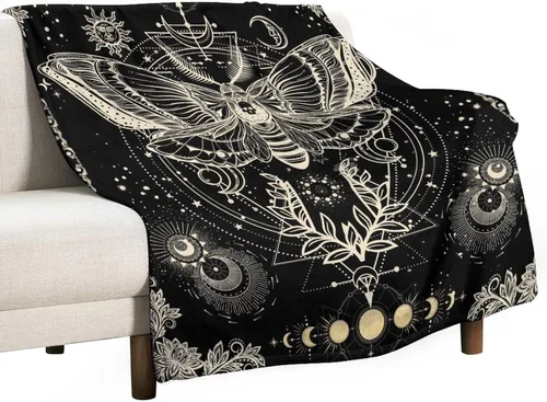 Miniatura 25 de Manta gótica de franela de polilla abstracta, mágica, bohemia, mariposa, esqueleto, luna, estrellas, manta estética para hombres, mujeres, niñas