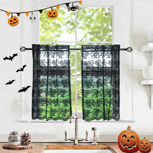Miniatura 70 de YJ YANJUN Cortinas traslúcidas negras de 54 pulgadas de largo, panel de cortina de encaje gótico victoriano para cocina, cortinas cortas de Negro