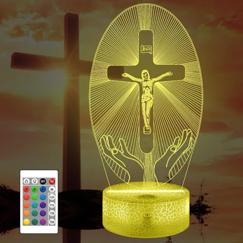 Attivolife Cruz de Jesús 3D Luz Nocturna, Lámpara de Ilusión Óptica Holograma Cristiana con Control Remoto de 16 Colores Cambiantes, Lámpara LED de