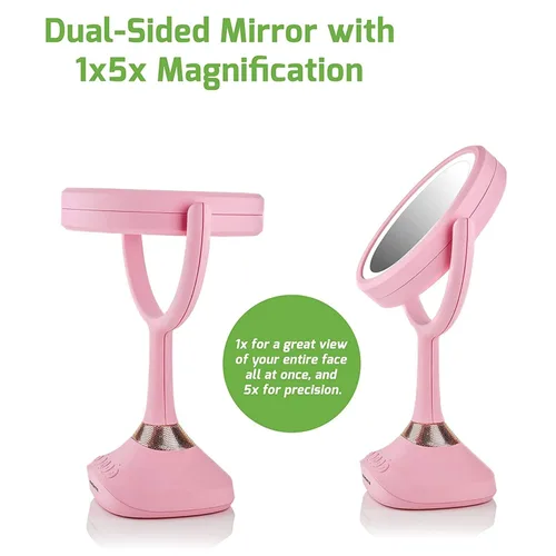 Miniatura 7 de Ovente Espejo de tocador iluminado, parte superior de mesa, giro de 360 grados, círculo de doble cara, LED, 1 x 5X, lupa con audio MP3, altavoz
