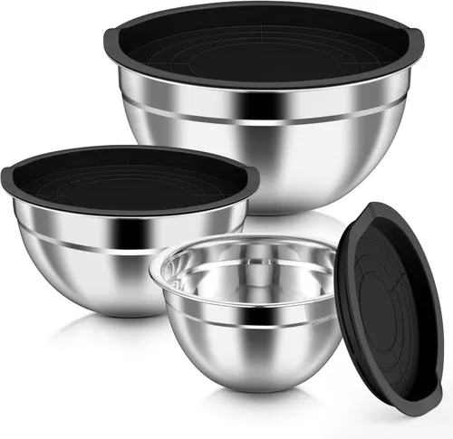 HaWare Tazones para mezclar con tapas herméticas, 6 cuencos de ensalada de acero inoxidable, cuencos fuertes para cocinar, preparar, hornear, servir