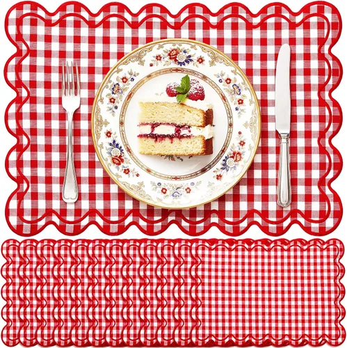 Miniatura 16 de Juego de 12 manteles individuales de lino festoneados de 13 x 19 pulgadas, bordado ondulado, doble capa, lavable, para cena, boda, fiesta