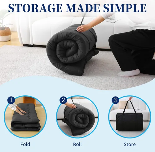 Miniatura 9 de Colchón de futón japonés – Colchón grueso de color negro, almohadilla plegable de tatami de 5 capas con bolsa de almacenamiento y correas, colchones