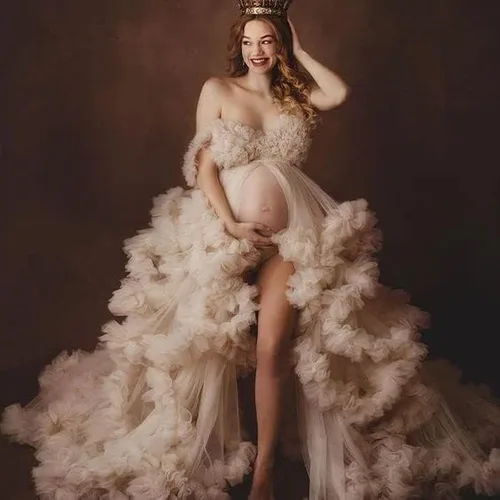 Miniatura 5 de NNagrace Vestido de maternidad de tul para sesión de fotos con volantes hinchados, vestido largo de lencería nupcial, vestido de baby shower