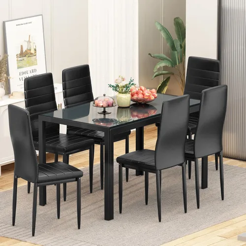 Miniatura 3 de Hooseng Juego de mesa de comedor para 6, mesa de cocina de vidrio templado con 6 sillas de piel sintética, juegos de comedor de 7 piezas