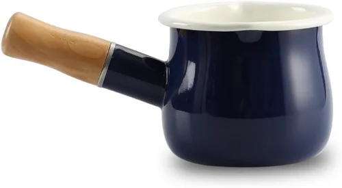 Miniatura 11 de Mini Olla de Leche Esmaltada de 0.6 Cuartos Mango de Madera Aislado 2 Picos Vertedores Calentador de Alimentos Pequeño Cacerola Bonita (D015, Morado)