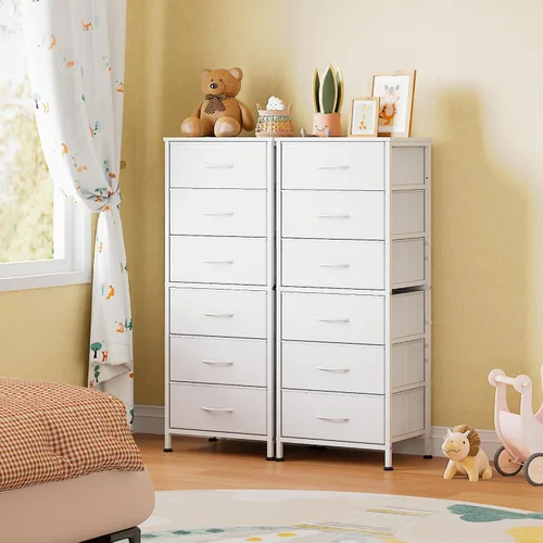Miniatura 4 de WLIVE - Cómoda alta blanca para dormitorio, 6 cajones y cómodas, cómoda de tela para armario, sala de estar, mesa de noche con marco de metal, torre