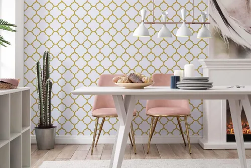 Miniatura 7 de Safiyya Papel tapiz despegable y adhesivo de 393" x 17.7 pulgadas, papel de contacto dorado blanco, autoadhesivo, removible, papel tapiz moderno