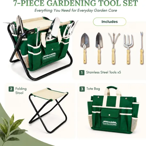 Miniatura 2 de GardenHOME Juego de herramientas de jardinería de 7 piezas, herramientas de acero inoxidable con asas de madera, taburete plegable y bolsa de lona