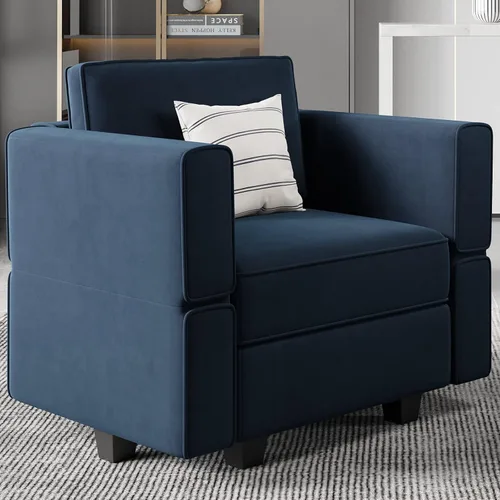 Belffin Silla modular con brazo seccional con asiento de almacenamiento, sillón de terciopelo, sofá individual, silla de club azul