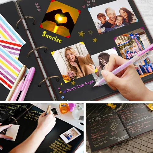 Miniatura 5 de Álbum de fotos DIY Scrapbook (10 x 10 pulgadas, 50 páginas de doble cara), cubierta de cuero vintage, carpeta de tres anillas, cabina de fotos