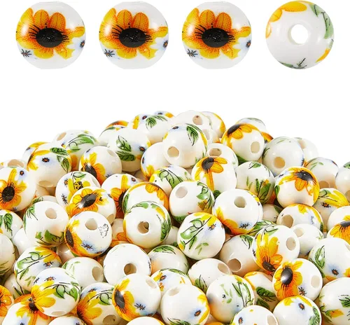Hicarer 200 cuentas de girasol de cerámica de 0.394 pulgadas (0.394 in), cuentas redondas de porcelana espaciadoras para el día de San Valentín,