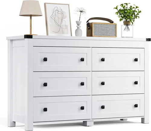 Miniatura 8 de HUANLEGO Cómoda negra para dormitorio con 6 cajones, cómoda moderna, cómoda de madera, muebles de dormitorio, amplio organizador de almacenamiento
