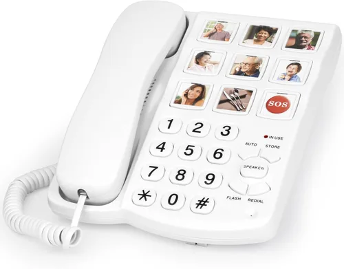 Teléfonos con botón grande para personas mayores, timbre extra fuerte reemplazable con imagen, teléfono básico con cable para personas con