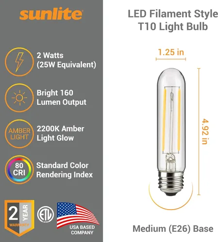 Miniatura 2 de Sunlite 80610 - Bombilla tubular de filamento LED T10, 2 vatios (equivalente a 25 W), 160 lúmenes, base E26, regulable, 4.961 in, 1 paquete de 2200