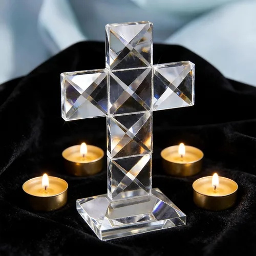 QFkris Cruz de Cristal Tradicional Cruz de Pie en Base Cruz Transparente de Vidrio de 12.7 cm de Altura Figura de Mesa Cristiana para Decoración