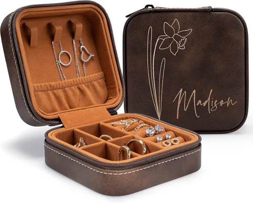 Miniatura 17 de Joyero de cuero personalizado con nombre y mes de la flor de nacimiento, regalos de cumpleaños para mujeres, estuche de viaje de joyería Negro