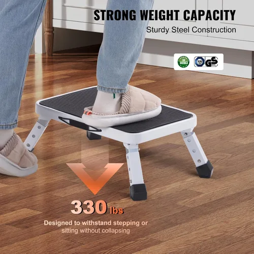 Miniatura 3 de VEVOR Escalera plegable de acero de 1 escalón de 330 libras de capacidad, altura ajustable, taburete antideslizante y resistente para adultos, niños