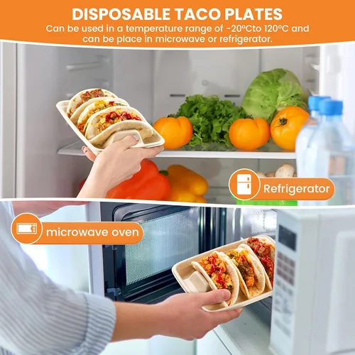Miniatura 4 de 25 soportes desechables para tacos para fiestas, platos de taco de fibra de pulpa de bagazo con 3 divisores, soporte para bandeja de tacos