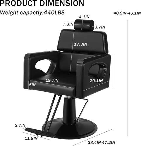 Miniatura 3 de All Black Salon Chair, Professional Hydraulic Barber Hair Styling Chair with 360° Swivel 135° Reclining, Multi-Function Braiding Hairdresser Chairs