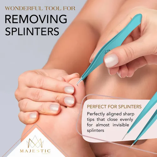 Miniatura 7 de Majestic Bombay Pinzas de punta fina + inclinadas para mujeres y hombres, garrapatas astilladas, depilación facial, cejas y encarnadas, afiladas
