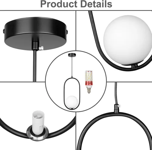 Miniatura 7 de lobolighting Iluminación colgante moderna, paquete de 2 lámparas colgantes negras de altura ajustable, lámpara de mediados de siglo, globo de vidrio