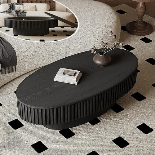 Miniatura 19 de Mesa de café cuadrada pequeña con almacenamiento, mesa de café moderna de madera con chapa de madera maciza, mesa central estriada