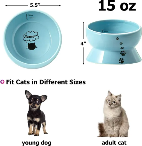 Miniatura 2 de Y YHY Tazón de cerámica para comida y agua de gatos inclinado de 15 onzas, azul lago