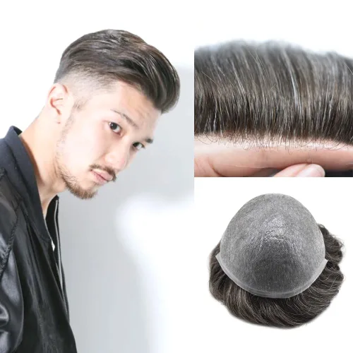 Miniatura 29 de Hombres Toupee Europea Real Cabello Humano Pieza Todo V-looped 0.002 in Piel Ultra Delgado Toupee para Hombres Sistema de Reemplazo de Cabello