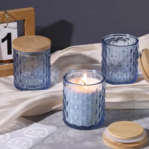 Miniatura 4 de NITIME 15 tarros de velas azules de 7.5 onzas para hacer velas, vasos de vela de vidrio con tapas de bambú y etiquetas adhesivas, recipientes