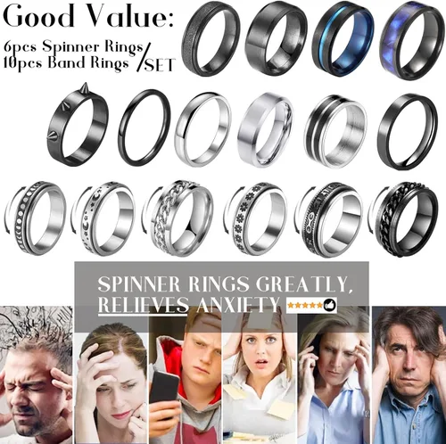 Miniatura 4 de FAXHION - Anillos de acero inoxidable para la ansiedad para hombres mujeres niños y niñas juego de anillos para la ansiedad negros y plateados