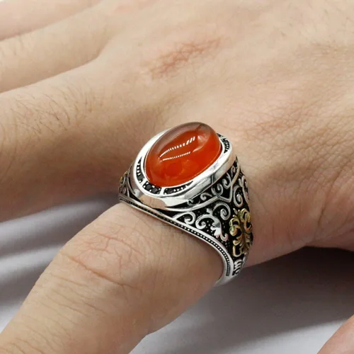 Miniatura 6 de Orange Agate Stone 925 Sterling Silver Men's Ring Arab Design Men's Ring Gift For Others