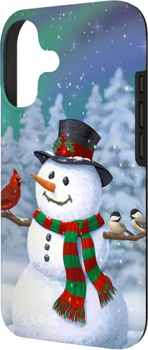 Miniatura 2 de Funda para iPhone 17 con diseño de muñeco de nieve y pájaros en invierno
