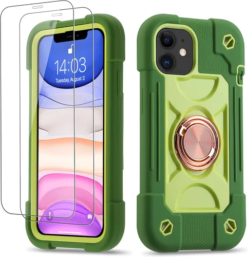 Funda para iPhone 11 de 6.1 pulgadas con soporte de anillo, con 2 protectores de pantalla de vidrio, resistente a los golpes, resistente a los