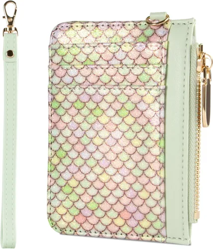 Cartera pequeña de cuero con protección RFID de sirena para tarjetas de crédito, cartera delgada con correa para la muñeca con bolsillo con